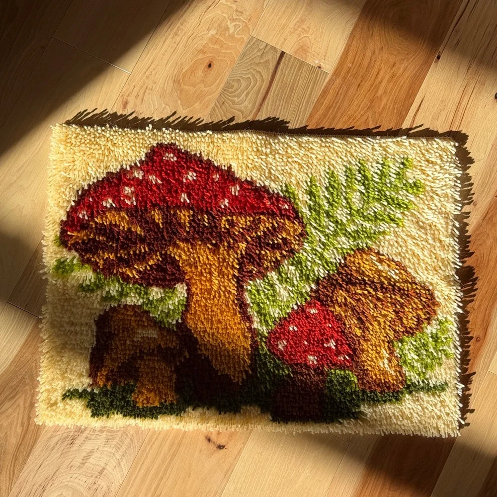 Vintage Mushroom Design Latch Hook Rug, Completed-By Me!